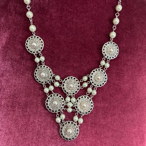 Medallion Silver & Pearl Statement Necklace - Picture 2 of 9